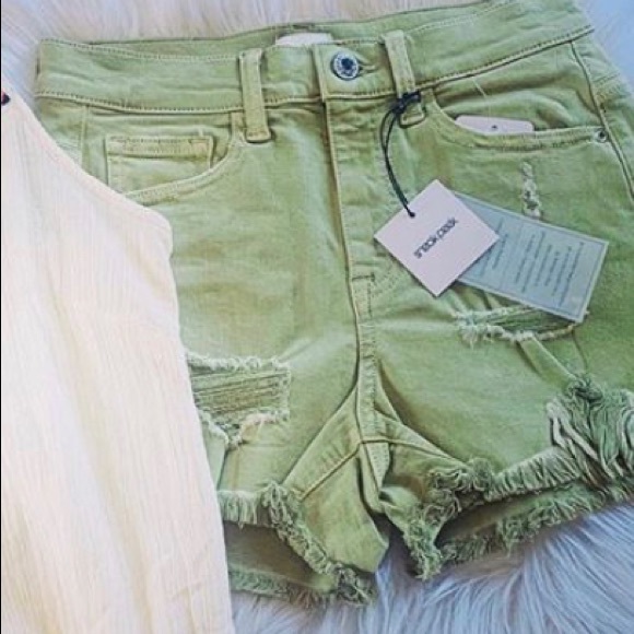 Sneak Peek Pants - Green High Waisted Cut Off Jean Shorts